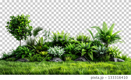 Fresh green grass and bright flowers isolated on white background. Fresh green grass and bright flowers isolated on white background. 133316410
