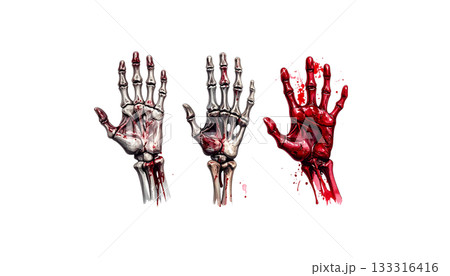 Red palm print with blood and paint splash symbol isolated on white background. 133316416