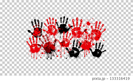 Red palm print with blood and paint splash symbol isolated on white background. 133316419