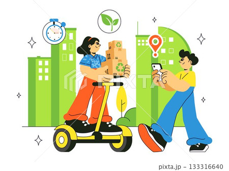 Eco Friendly Shipping Service Illustration Featuring Sustainable Logistics, Green Transport, Urban Delivery, Zero Emission Vehicle In a Background Eco Friendly Shipping Service Illustration Featuring Sustainable Logistics, Green Transport, Urban Delivery, Zero Emission Vehicle In a Background 133316640