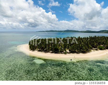Dense palm trees along sandy coast facing shallow turquoise water with coral reef and horizon view. Siargao, Philippines. Casa Desideria. Dense palm trees along sandy coast facing shallow turquoise water with coral reef and horizon view. Siargao, Philippines. Casa Desideria. 133316859