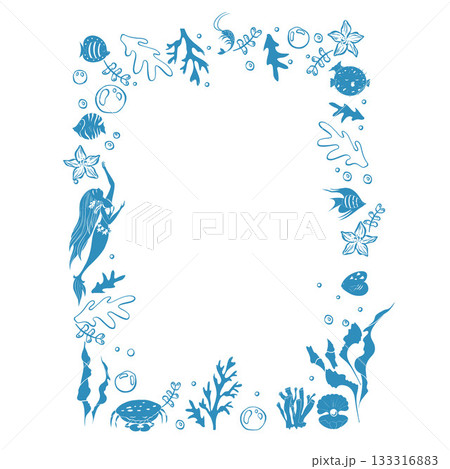 Doodle frame of fish, mermaid, shells, pearls, seaweed and bubbles. Frame on the theme of sea vacation. Vector illustration 133316883