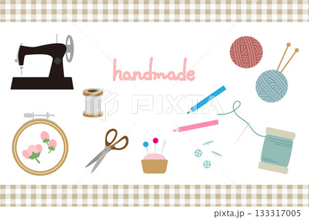 ハンドメイドの道具イラストセット／ミシン・糸・針・ボタンなど 133317005