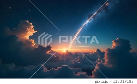 A comet shines brightly in the sky over clouds, representing the themes of International Asteroid Day and planetary defense A comet shines brightly in the sky over clouds, representing the themes of International Asteroid Day and planetary defense 133317185