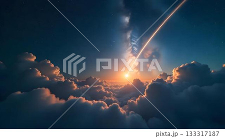 A glowing comet illuminates the sky above clouds, highlighting the significance of International Asteroid Day and space awareness A glowing comet illuminates the sky above clouds, highlighting the significance of International Asteroid Day and space awareness 133317187