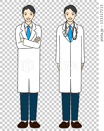 A full-body illustration of a male doctor standing with his arms crossed and a stethoscope around his neck 133317215
