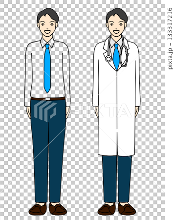 Full-body illustration of a smiling male doctor wearing a tie and Y-shirt and a stethoscope around his neck 133317216