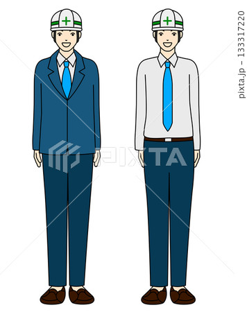 笑顔で立つヘルメットを被った技術者（スーツとYシャツ）の全身イラスト 133317220