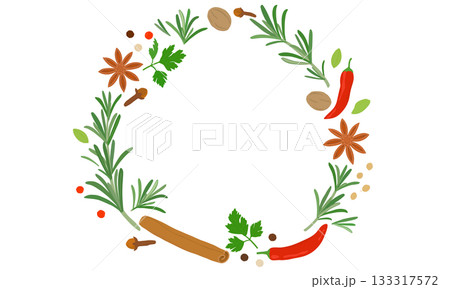 いろいろなスパイスとハーブのリース イラスト 133317572