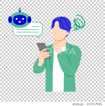 一幅插圖,描繪了一位身著休閒商務裝的商務人士在使用智慧型手機上的人工智慧功能時遇到困難。扁平化設計 一幅插圖,描繪了一位身著休閒商務裝的商務人士在使用智慧型手機上的人工智慧功能時遇到困難。扁平化設計 133317691