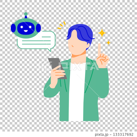 Illustration of a businessman in casual office clothes solving a problem using artificial intelligence on his smartphone. Flat design Illustration of a businessman in casual office clothes solving a problem using artificial intelligence on his smartphone. Flat design 133317692