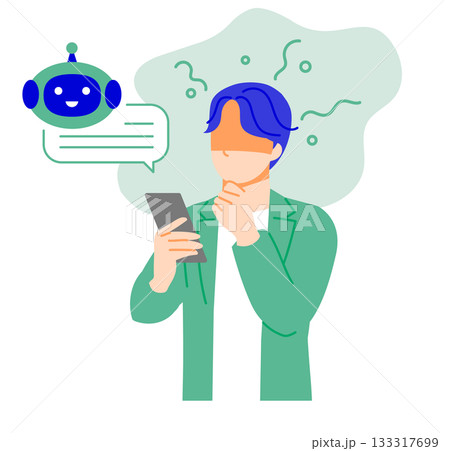 オフィスカジュアルな服装のビジネスマンがスマホで人工知能を使用し依存しているイラスト。 オフィスカジュアルな服装のビジネスマンがスマホで人工知能を使用し依存しているイラスト。 133317699