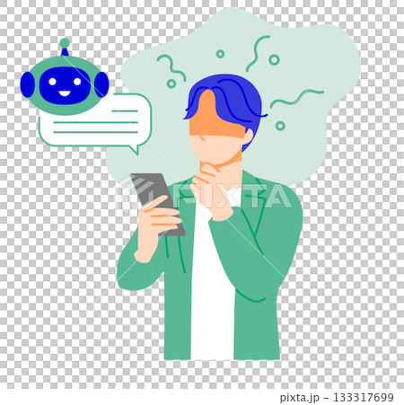 オフィスカジュアルな服装のビジネスマンがスマホで人工知能を使用し依存しているイラスト。 オフィスカジュアルな服装のビジネスマンがスマホで人工知能を使用し依存しているイラスト。 133317699