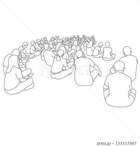 group of people sitting together illustration vector hand drawn with black lines 133317867