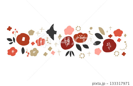 正月の椿イラストフレーム。年賀状用和風植物フレーム。椿と植物の北欧風。 正月の椿イラストフレーム。年賀状用和風植物フレーム。椿と植物の北欧風。 133317971