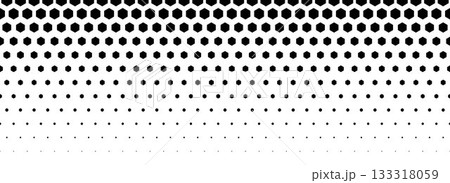 Black hexagon gradient texture. Fading honeycomb pattern background. Geometric hexagonal halftone tech overlay backdrop. Abstract grunge halfton wallpaper. Vector retro technology dot texure 133318059