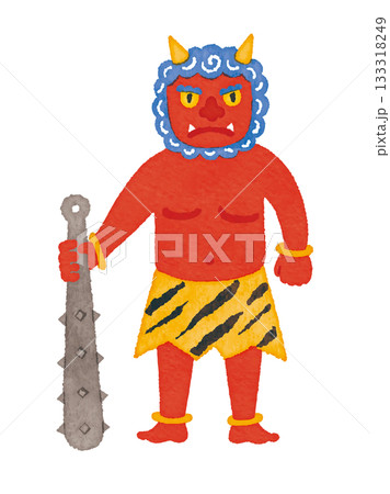 節分の赤鬼キャラクターのイラスト（金棒・トラ柄パンツ） 133318249