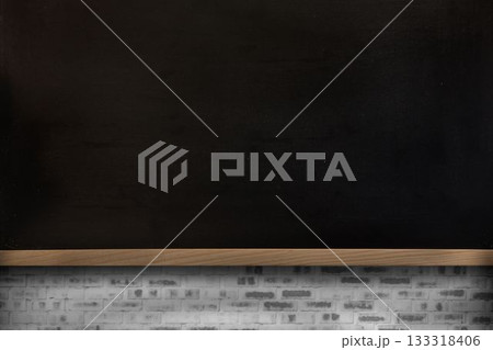 Black chalkboard flat design illustration is featuring wooden ledge over whitewashed brick wall 133318406