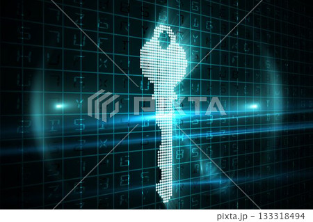 Glowing pixelated key silhouette is floating in flat design code grid, with neon-blue light streaks 133318494