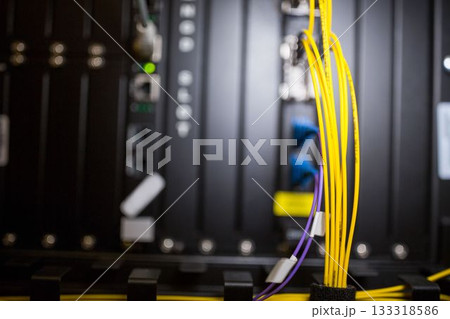 Yellow fiber optic cables are showing in vector network rack illustration, featuring purple cables 133318586