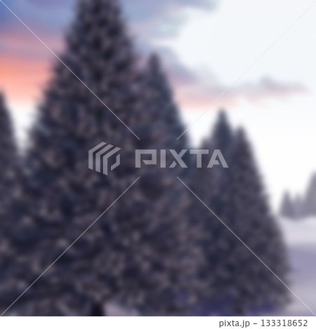 Flat design winter landscape is showing snow-laden pine trees under glowing pastel dawn sky Flat design winter landscape is showing snow-laden pine trees under glowing pastel dawn sky 133318652