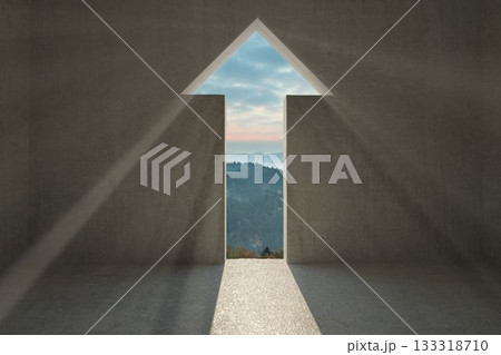 Flat illustration featuring concrete chamber casting sunbeams through arrow-shaped wall opening 133318710