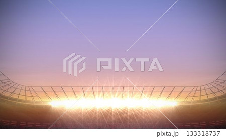 Stadium floodlight array is glowing in flat design, highlighting seating bowl under twilight sky 133318737