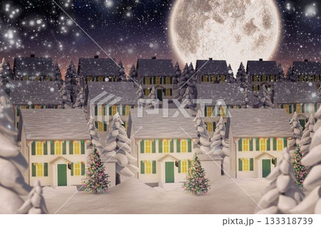 Flat design showing snow-covered houses with decorated Christmas trees under starry full moon sky Flat design showing snow-covered houses with decorated Christmas trees under starry full moon sky 133318739