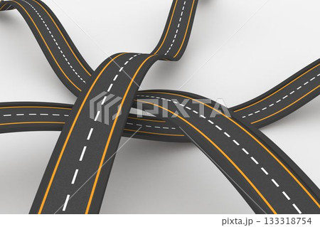 Twisting highway segments are overlapping in 3D render with dashed white dividers and yellow edges 133318754