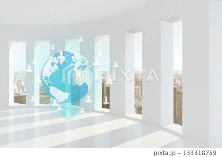 Translucent hologram Earth globe is floating in 3D room with windows, lines connecting avatar icons Translucent hologram Earth globe is floating in 3D room with windows, lines connecting avatar icons 133318759