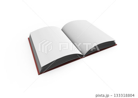 3D render is showing open hardcover book flat on white background with blank curved pages 3D render is showing open hardcover book flat on white background with blank curved pages 133318804