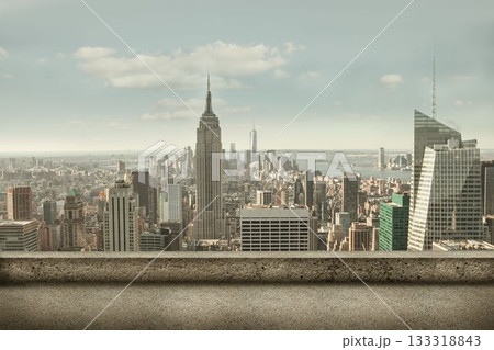Flat illustration is featuring rooftop city skyline with concrete parapet and Art Deco skyscraper 133318843