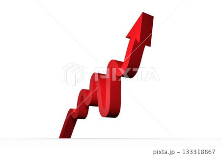 Red 3D-render ribbon arrow is rising diagonally on plain white canvas, indicating upward trend Red 3D-render ribbon arrow is rising diagonally on plain white canvas, indicating upward trend 133318867