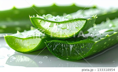 水滴のついたアロエの葉のクローズアップ 133318954