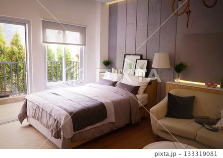 Bright contemporary modern home with spacious living area, and a welcoming tones, calm, stylish interior perfect for home decor modeling. 133319081