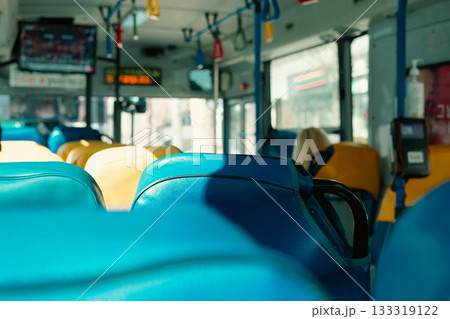 Clean Seats and Interior of an Empty Public Bus in Seoul, Korea Clean Seats and Interior of an Empty Public Bus in Seoul, Korea 133319122