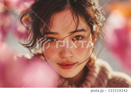 春の花々に囲まれて微笑む女性のポートレート 133319142