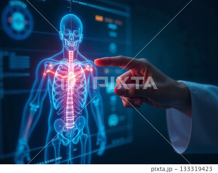A doctor's hand points to a glowing holographic human anatomy scan on a futuristic digital display, showcasing advanced medical technology 133319423