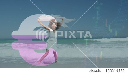 Standing woman in sundress holding scarf fluttering above at beach, with euro symbol and charts 133319522