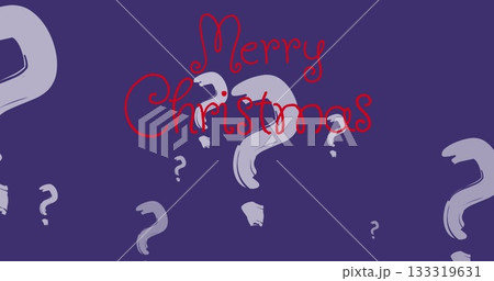 Displaying red cursive Merry Christmas text on purple background, with pale grey question marks 133319631