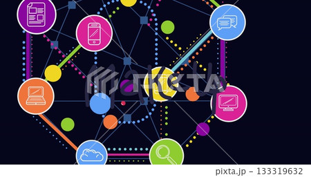 Displaying network diagram in graphic with icons of doc phone chat monitor search cloud laptop 133319632