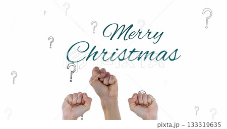 Three raised fists rising on white with green Merry Christmas lettering, question marks 133319635