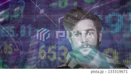 bearded man in plaid shirt scanning charts in trading interface, with floating data, copy space bearded man in plaid shirt scanning charts in trading interface, with floating data, copy space 133319671