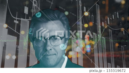 Man wearing suit jacket and glasses appearing in financial dashboard, with data charts and bokeh 133319672