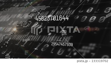 Floating numeric string drifting in data space with binary digits barcode bars and dot matrix globe 133319702