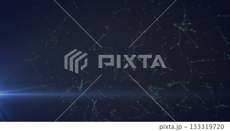 Floating abstract network visualization with glowing nodes and filaments in dark void, lens flare Floating abstract network visualization with glowing nodes and filaments in dark void, lens flare 133319720