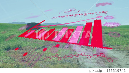 Digital AR data display appearing over rural grassland, showing red 3D bar chart and viral icons Digital AR data display appearing over rural grassland, showing red 3D bar chart and viral icons 133319741