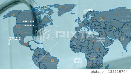 Showing metal faucet spout extending into sink basin with digital world map overlay, network theme Showing metal faucet spout extending into sink basin with digital world map overlay, network theme 133319744