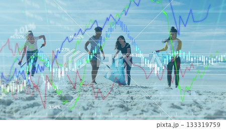 Collecting four volunteers picking up litter on sandy shoreline, with litter grabbers, data overlay Collecting four volunteers picking up litter on sandy shoreline, with litter grabbers, data overlay 133319759