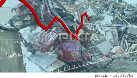 Mangled red car body resting in scrapyard, with grid overlay, red line graph data labels 133319762